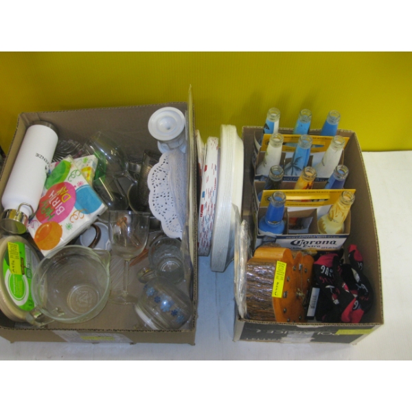 2 BOXES OF MISC. PLATES, GLASSES, COLLECTABLE CORONA BOTTLES, CLOCK, ETC.