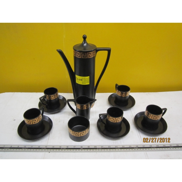 BLACK & GOLD TEA SET W/CREAM, SUGAR & 5 CUPS/SAUCERS