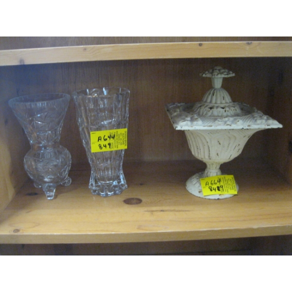 2 CRYSTAL VASES & HEAVY CAST LIDDED BOWL