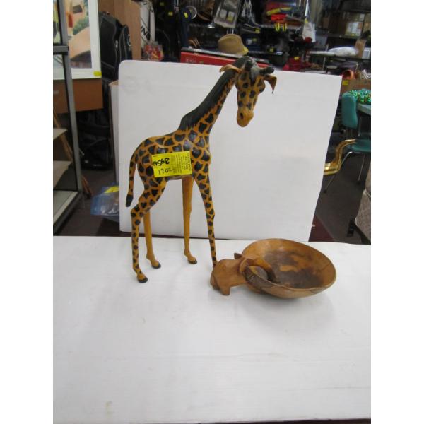 WOODEN GIRAFFE & ELEPHANT WOODEN BOWL