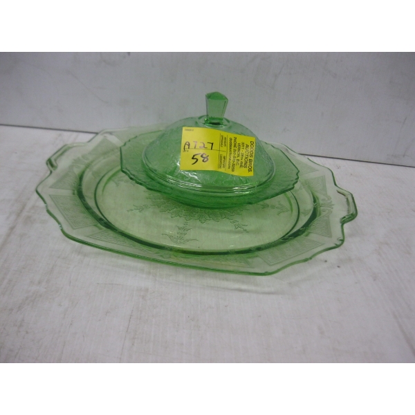 1 GREEN DEPRESSION GLASS PLATE & LIDDED DISH