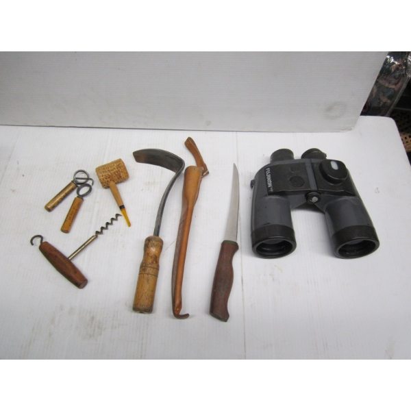 PAIR OF BINOCULARS, KNIFE, CORNCOB PIPE, ETC.