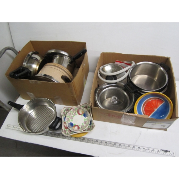 2 BOXES OF MISC. POTS, PANS, ETC.