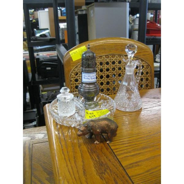 MISC: COPPER BEAR, CRYSTAL DISH, SILVER SHAKER, ETC.