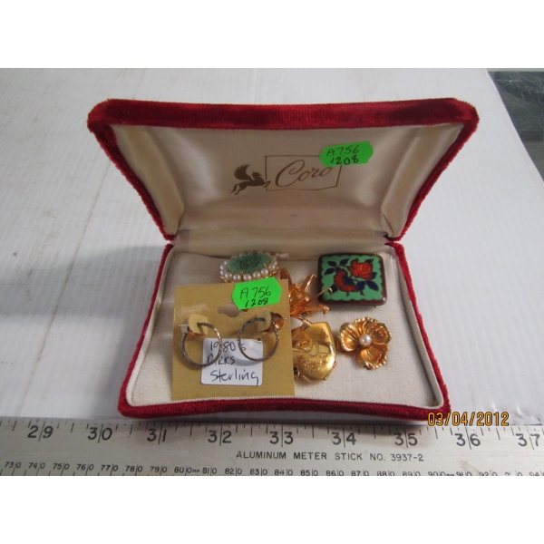 PAIR OF BIRKS STERLING EARRINGS IN VINTAGE CASE W/LOCKET, BROACH, ETC.