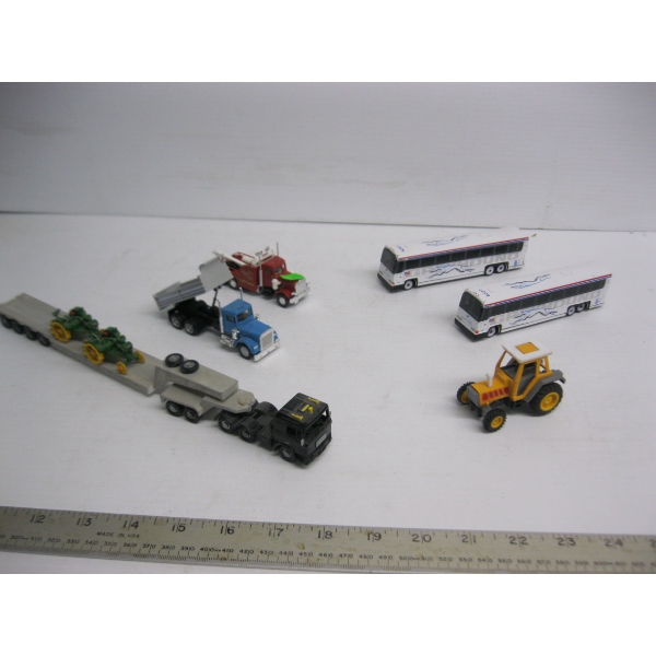 6 HO SCALE BUSES, SEMI TRACTOR, DUMP TRUCK
