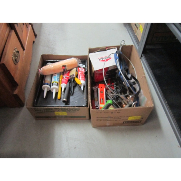 2 BOXES OF CAULKING, SAWS, MISC. TOOLS, ETC.