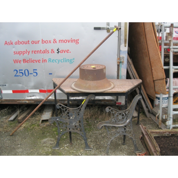 WATER SHUTOFF POLE, WATER METER, CAST IRON BOX & 2 WOODEN SLAT BENCH ENDS