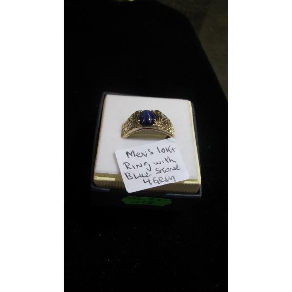 MENs 10KT RING W/BLUE STONE, 4G, SZ 7.5