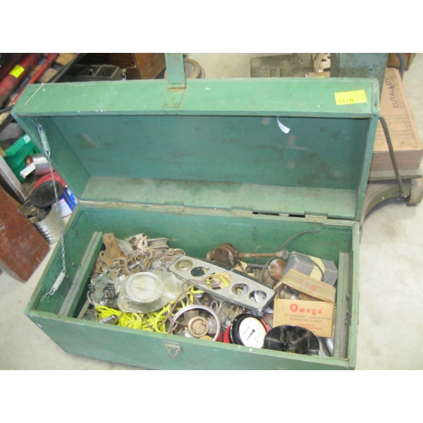 GREEN WOODEN BOX ON CASTORS W/MISC. INSIDE: GAUGES, FITTINGS, SPOTLIGHT, ETC.