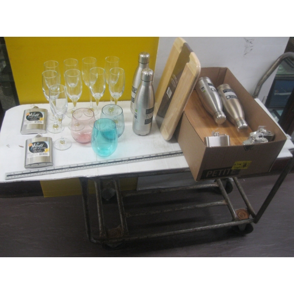 NEW CUTTING BOARDS, FLASKS, METAL WATER JUGS, GLASSES, ETC.