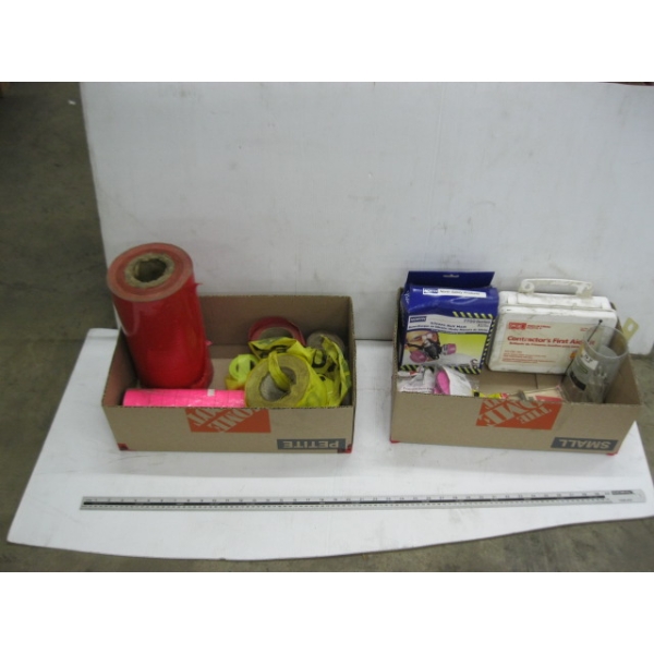 2 BOXES OF MISC. FLAGGING TAPE, MASK, FIRST AID KIT, ETC
