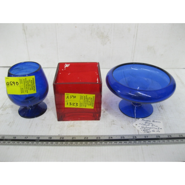 3 PIECES OF GLASS - COBALT BLUE & RED RUBY