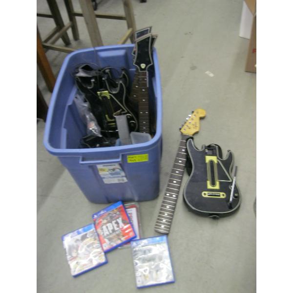 BIN OF MISC. GUITAR NECK, HEAD POWER GUITARS, PS4 GAMES,  HEADPHONES, ETC.