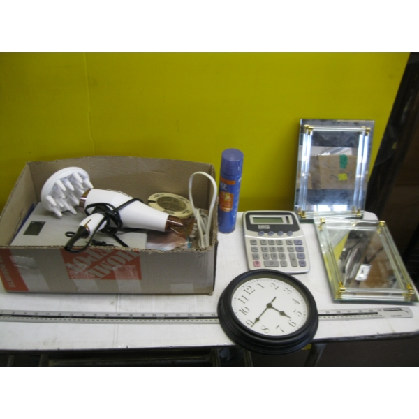 MISC. GLASS TRAYS, CLOCK, BLOW-DRYER, ETC.