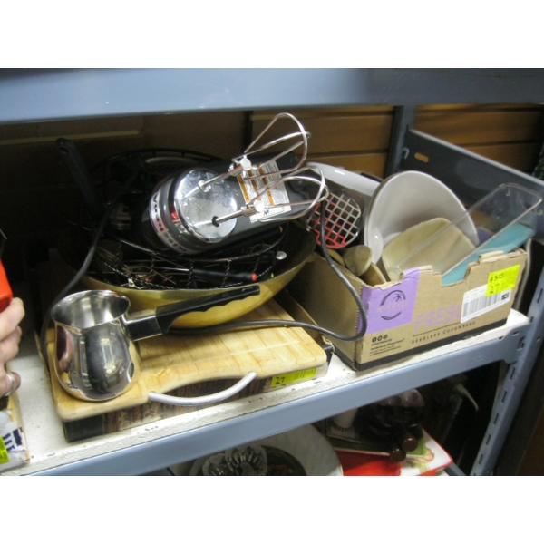 2 BOXES OF MISC. ELECTRIC MIXER, BOWLS, PLATES, UTENSILS, ETC.