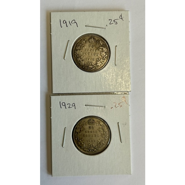 1919 & 1929 CDN. 25 CENT COINS