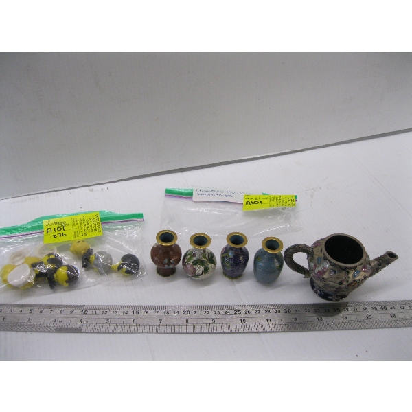 LEGO HEADS, DECORATIVE TEAPOT & SM. CLOISSENNE VASES