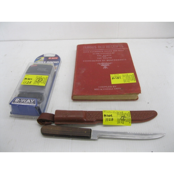 BATTERY CHARGER, FISH KNIFE & VINTAGE 1908 COOKBOOK