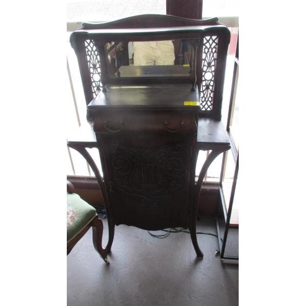 UNIQUE SM. ANTIQUE CABINET W/DRAWER & MIRRORED BACK