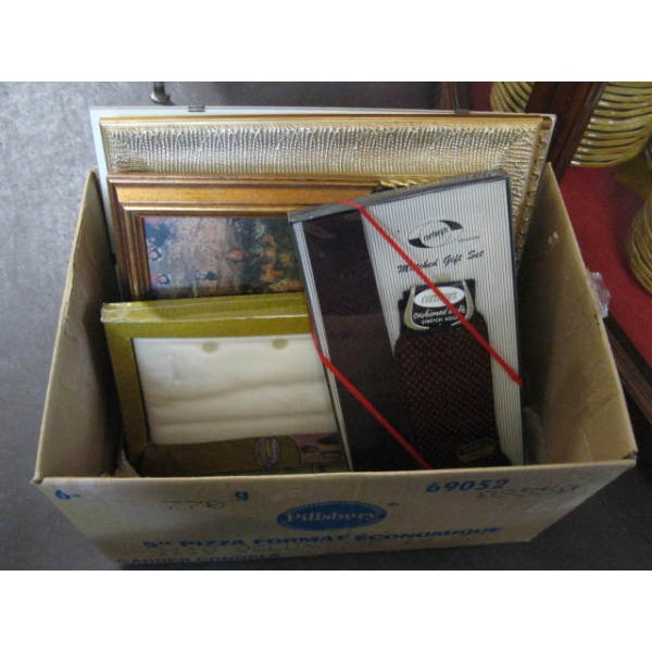 BOX OF MISC. FRAMED PICTURES, MUG, SOCK & TIE SET, ETC.