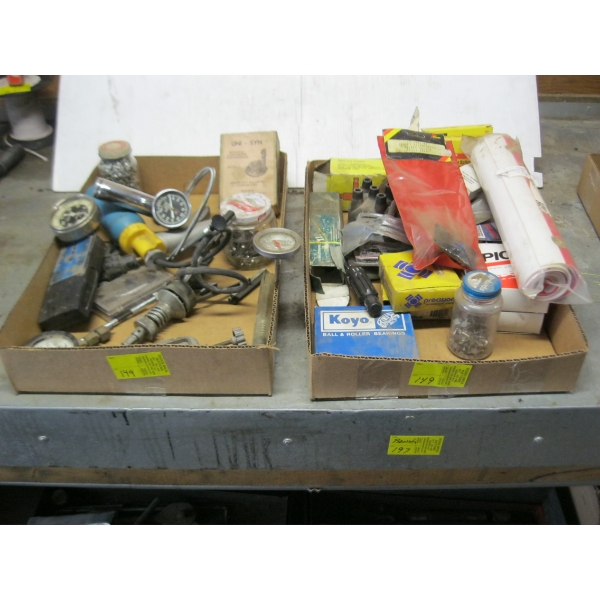 2 BOXES OF MISC. - CYLINDER CONES, COMPRESSION TESTER, U-JOINTS, ETC.
