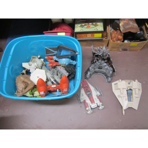 BIN OF ASST. VINTAGE TOYS, DRAGONS, ETC.
