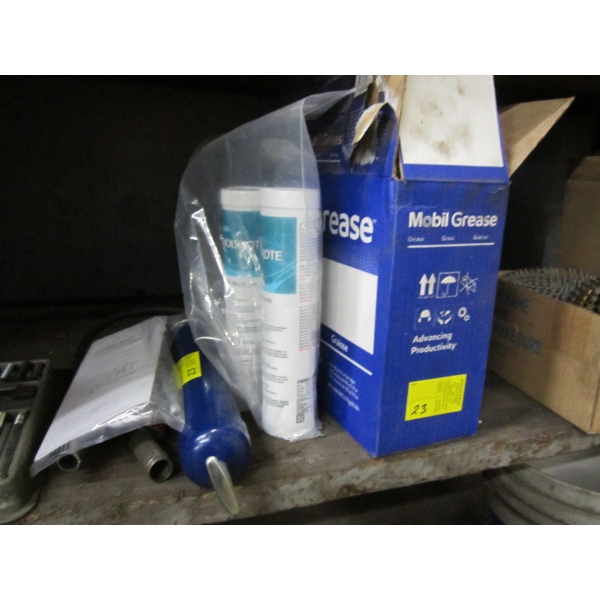 7 NEW TUBES OF MOBILE GREASE, 2 TUBES OF 44 MEDIUM GREASE & GREASE GUN W/ACCESS.