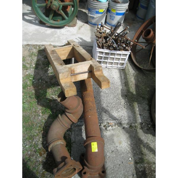 LG. PIPE PIECES, BASKET OF LONG BOLTS & A WOODEN STAND FOR MOTOR