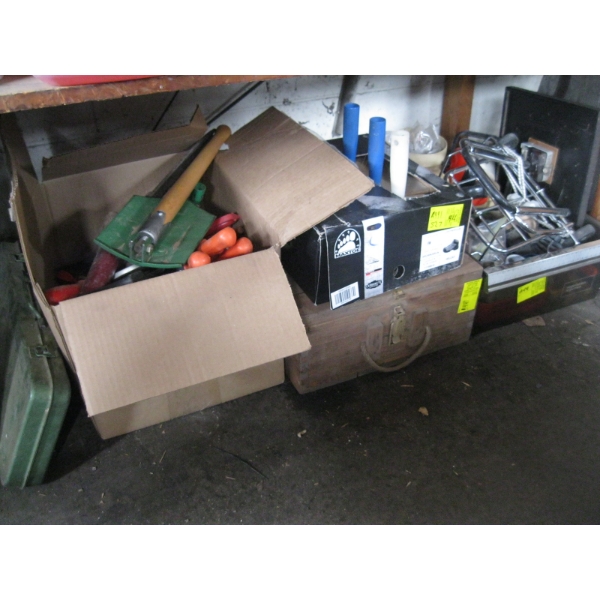 MISC. EAR PROTECTORS, GARDEN TOOLS, WOODEN CASED BOX, ETC.