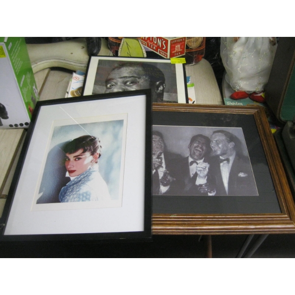 3 FRAMED PICTURES: AUDREY HEPBURN, RAT PACK & LOUIS ARMSTRONG