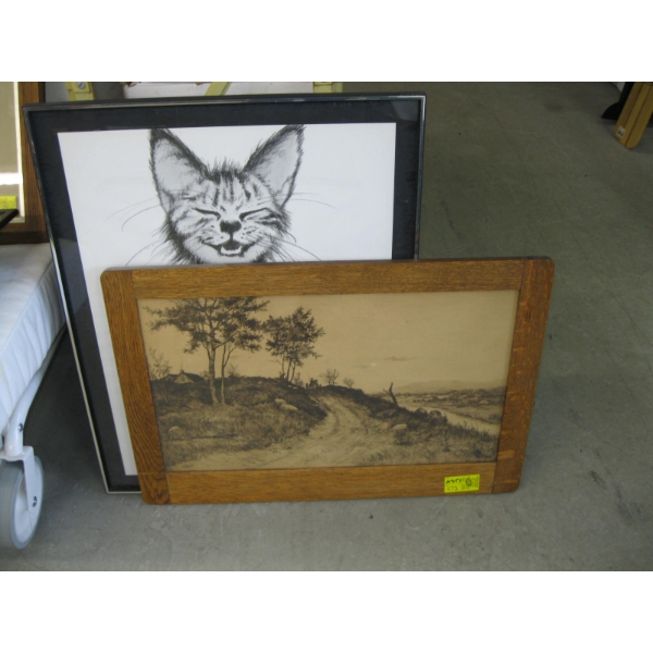 OAK FRAMED PICTURE & FRAMED PICTURE OF THE CAT