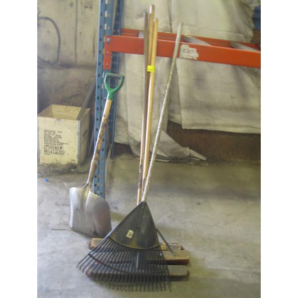 3 PUSH BROOMS, SHOVEL & RAKE