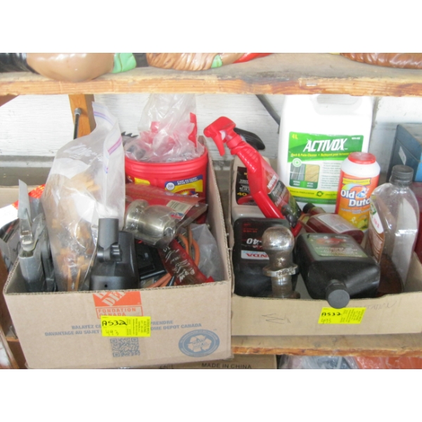 2 BOXES OF MISC. OILS, CLEANERS, ELECTRICAL, ETC.