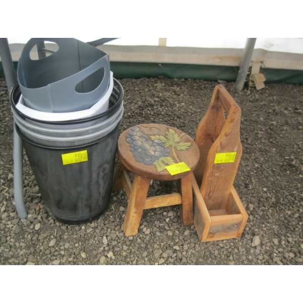 MISC. GARBAGE BASKETS WOODEN STOOL, ETC.