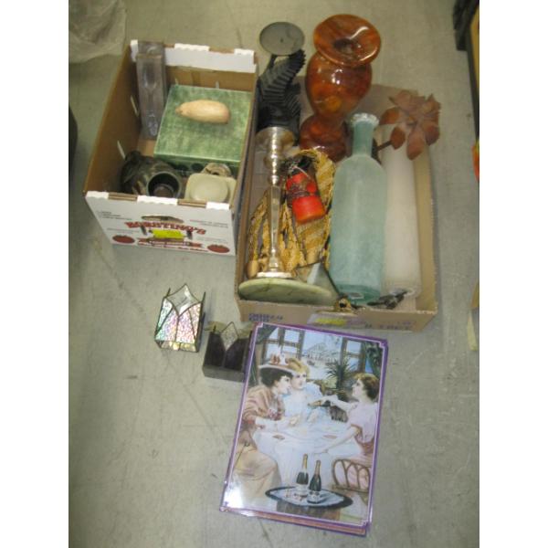 2 BOXES OF MISC. CANDLEHOLDERS, WOODEN BOX FIGURINES, ETC.