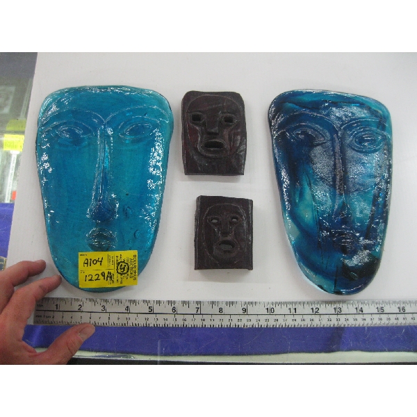 2 BLUE GLASS MASKS BY JARMILLO & 2 WOODEN MASKS