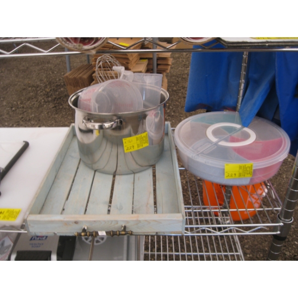 MISC. SERVING TRAY, PLASTIC LIDDED TRAY, WOODEN TRAY, ETC.