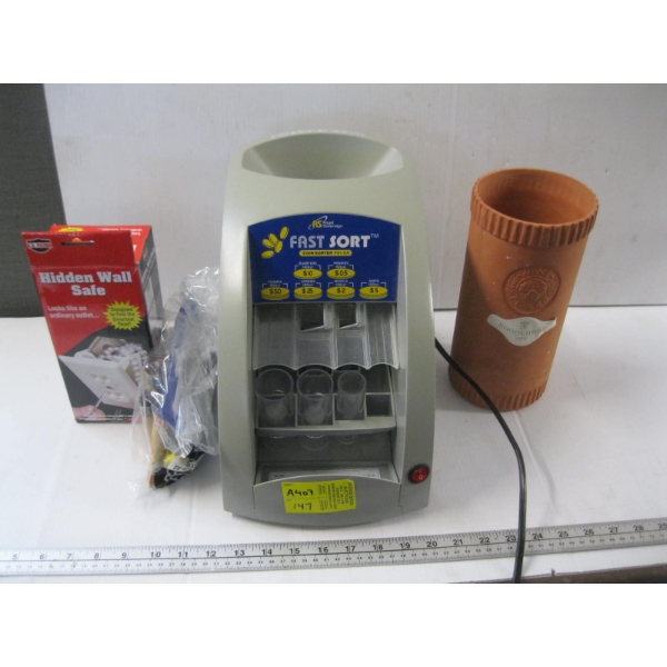 CHANGE SORTER/COUNTER, HIDDEN WALL SAFE & A WINE BOTTLE COOLER