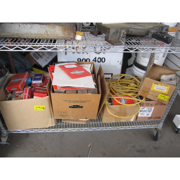 5 BOXES OF MISC. BRIGGS & STRATTON SM. ENGINE PARTS, ELECTRIC PLUGS, ETC.