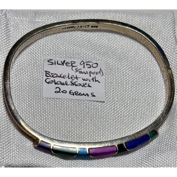 SILVER .950 STAMPED BRACELET W/COLORED STONES, 20G