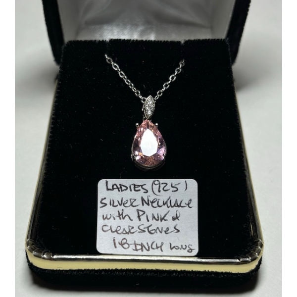 LADIES .925 SILVER NECKLACE W/PINK & CLEAR STONES, 18" CHAIN