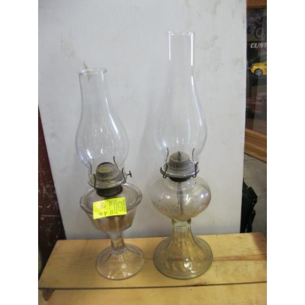 2 GLASS COAL OIL LAMPS W/CHIMNEYS