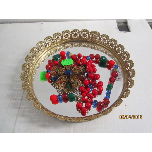 MIRRORED JEWELLERY TRAY W/VINTAGE LOCKET, GLASS BEAD NECKLACE & CORRAL BROACH
