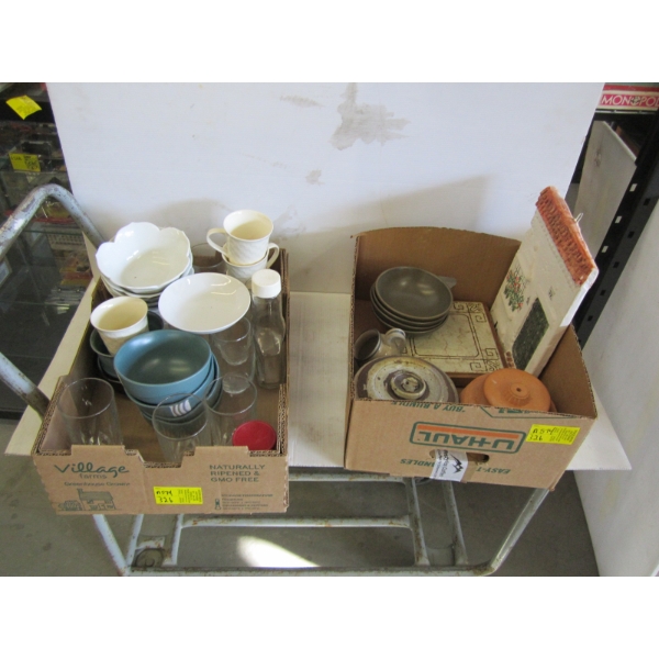 2 BOXES OF MISC. POTTERY, GLASSWARE, ETC.