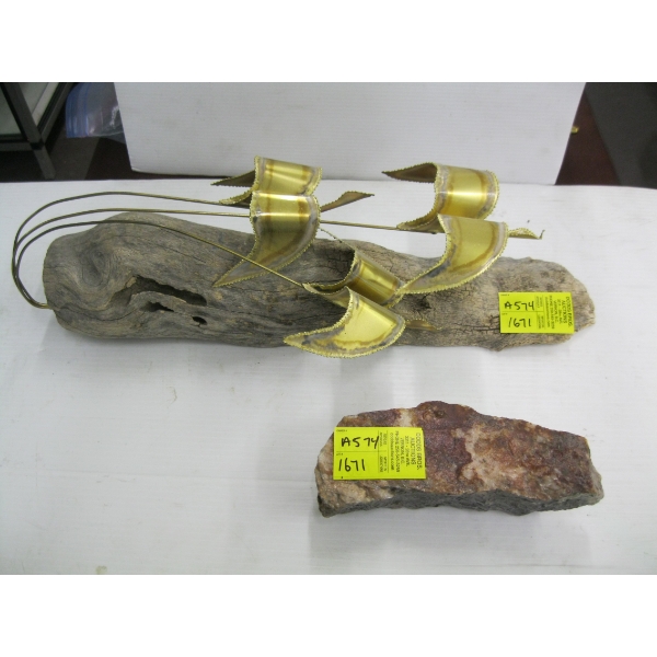 MCM WOOD & METAL WALL HANGING & ROCK