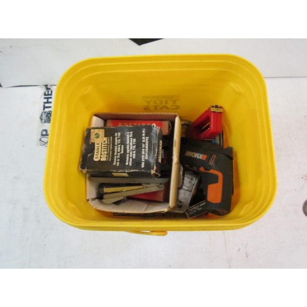 YELLOW PAIL OF MISC. STAPLERS, STAPLES & A SM. WORKS DRILL