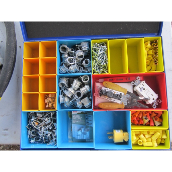 BLUE PARTS BOX W/ASST. ELECTRICAL ITEMS