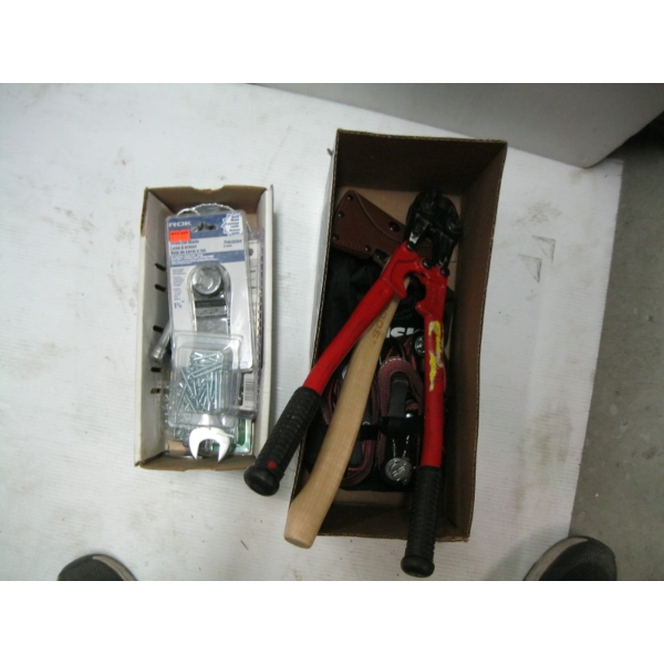 2 BOXES MISC. TOOLS, SCREWS, BOLT CUTTERS, ETC.