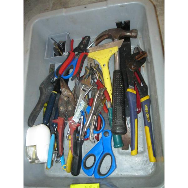 BIN OF ASST. TOOLS: PLIERS, HAMMER, WIRE STRIPPER, ETC.